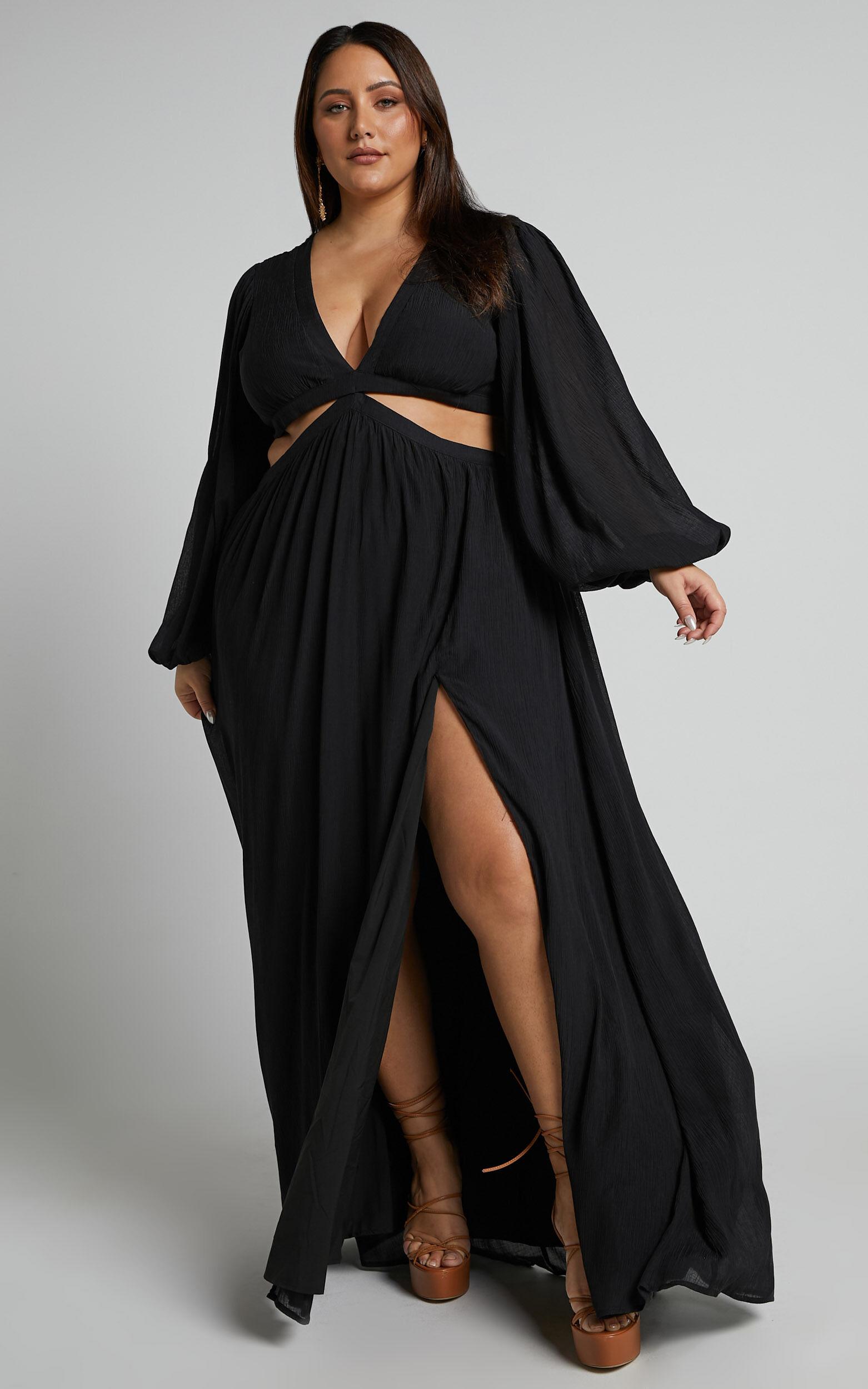 Paige Maxi Dress - Side Cut Out Balloon Sleeve Dress in Black Product Image