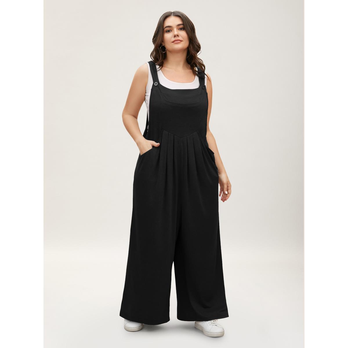 Plus Size Black Supersoft Essentials Solid Pleated Pocket Jumpsuit Women Leisure Sleeveless Non Casual Loose Jumpsuits BloomChic 14-16/1X Product Image