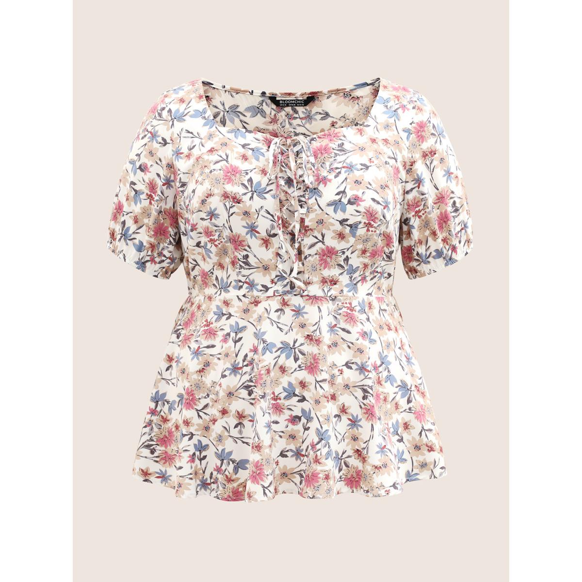 Plus Size White Floral Lace Up Gathered Lantern Sleeve Blouse Women Elegant Short sleeve Square Neck Everyday Blouses BloomChic 12/L Product Image