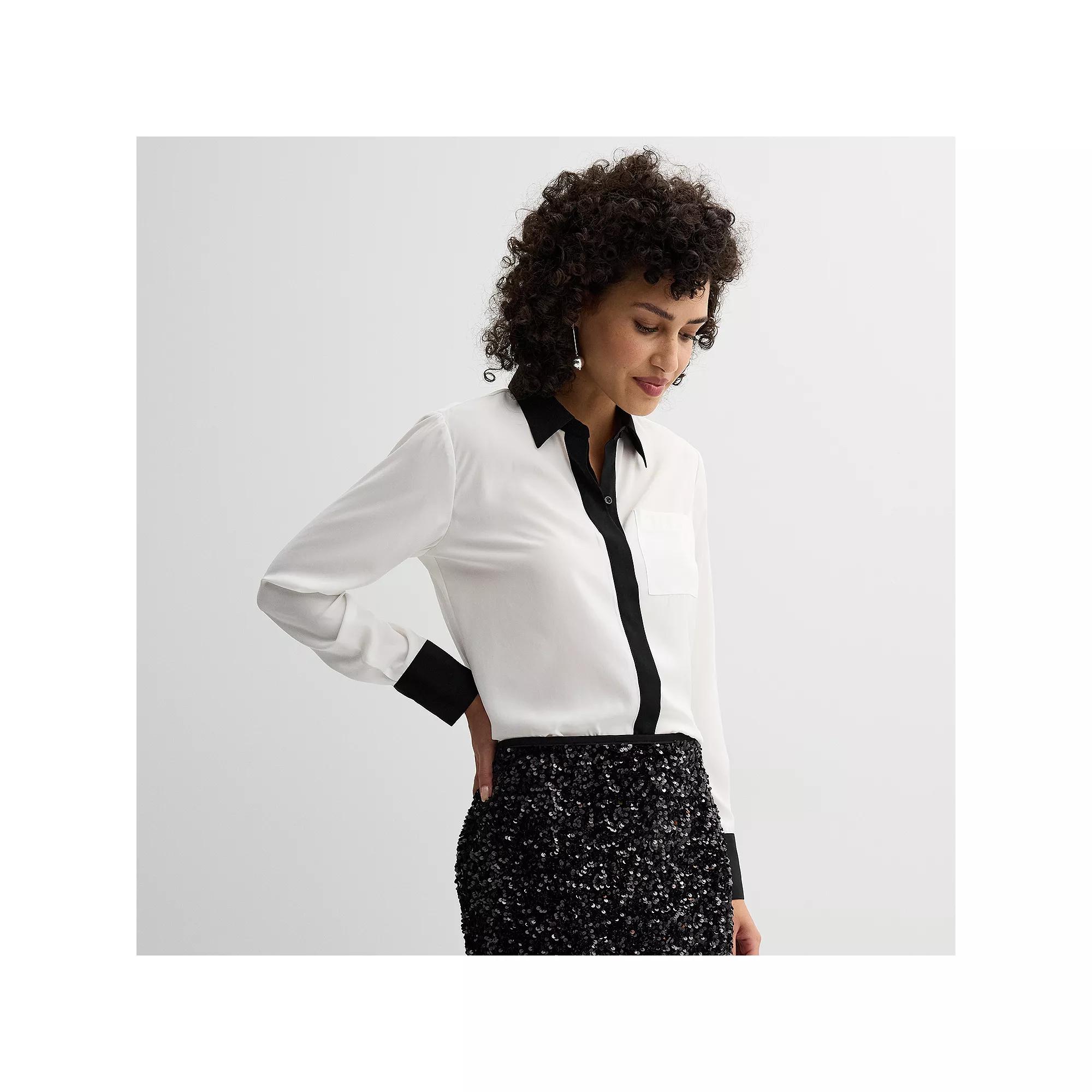 Women's Nine West Drapey Button Down Shirt, Size: XL, White Black Product Image