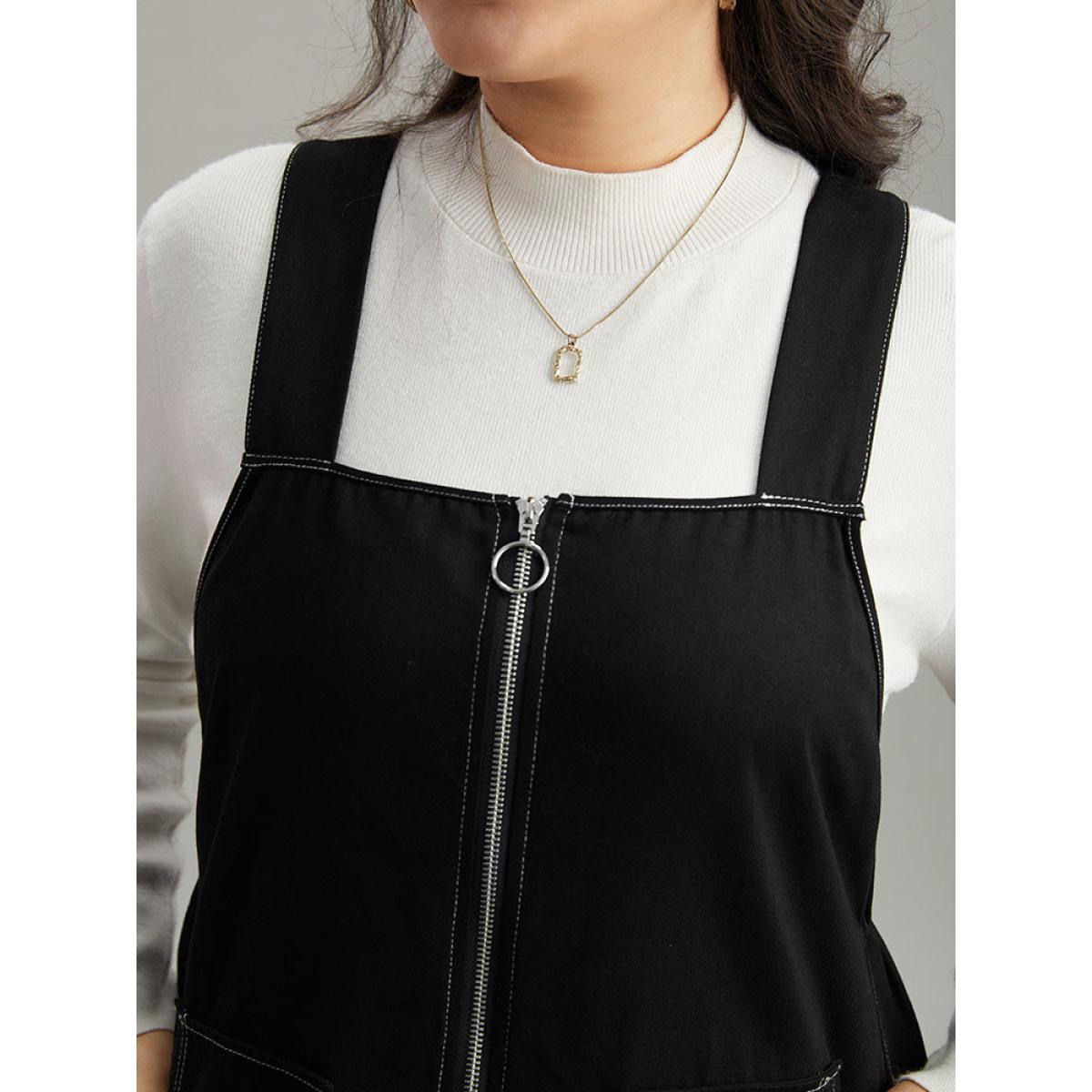 Plus Size Twill O Ring Zipper Pocket Spaghetti Strap Dress Black Women Casual Plain Spaghetti Strap Sleeveless Curvy Midi Dress BloomChic 10/M Product Image