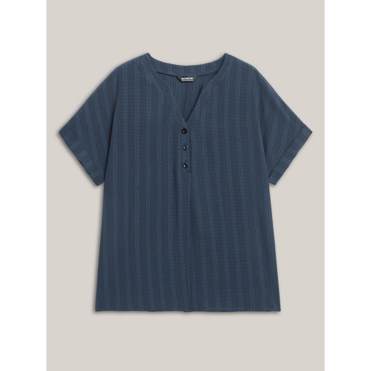 Plus Size Indigo Textured Half Placket Split Neck Shirt Women Short sleeve Flat collar with V-notch Work Blouses BloomChic 28/5X Product Image