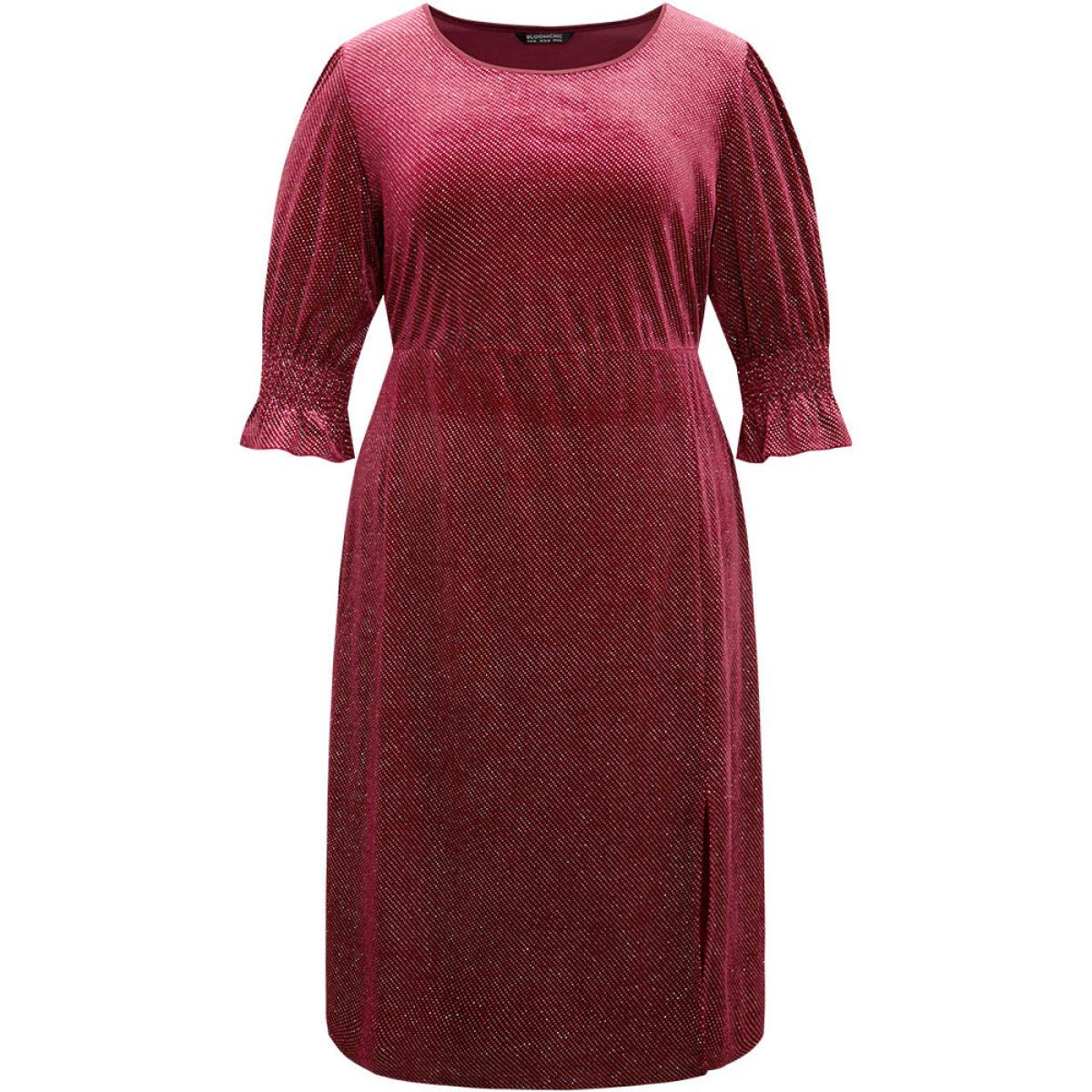 Plus Size Plain Velvet Glitter Split Hem Shirred Dress Scarlet Women Glamour Velvet Round Neck Half Sleeve Curvy Midi Dress BloomChic 22-24/3X Product Image