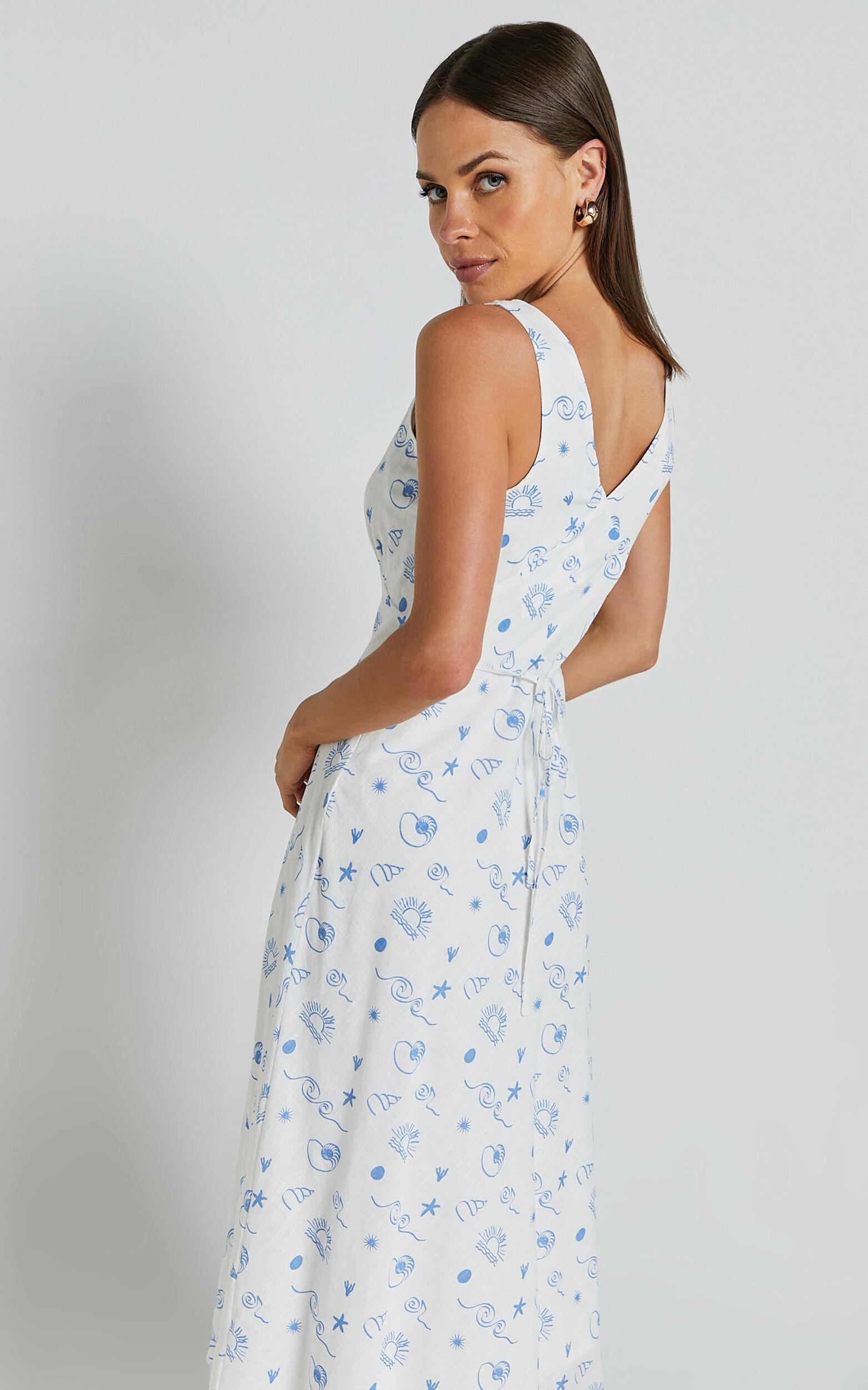 Becca Midi Dress - Ruched Bust Sleeveless V Neck Dress in Blue Print Product Image