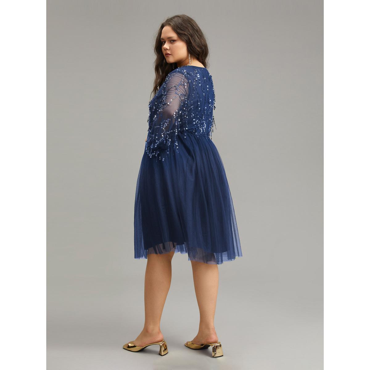 Plus Size Sequin Mesh Patchwork Tassel Dress DarkBlue Women Cocktail Gathered Overlap Collar Long Sleeve Curvy Knee Dress BloomChic 26/4X Product Image
