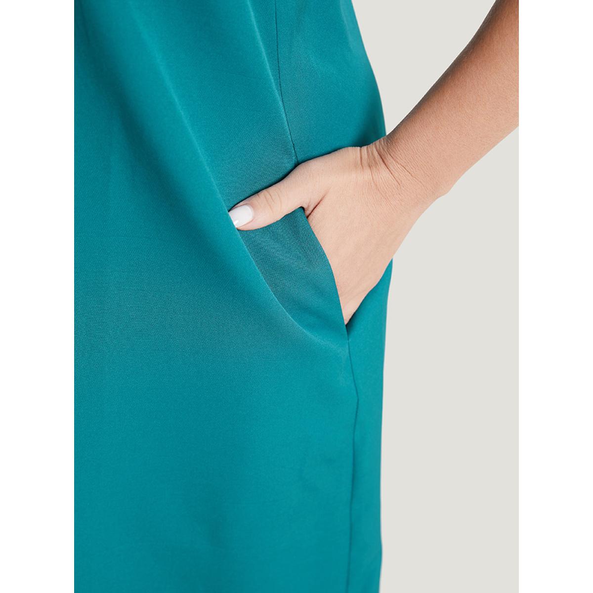 Plus Size Solid Ruffle Sleeve Half Zipper Pocket Dress Aegean Women Elegant Plain V-neck Short sleeve Curvy Knee Dress BloomChic 18-20/2X Product Image