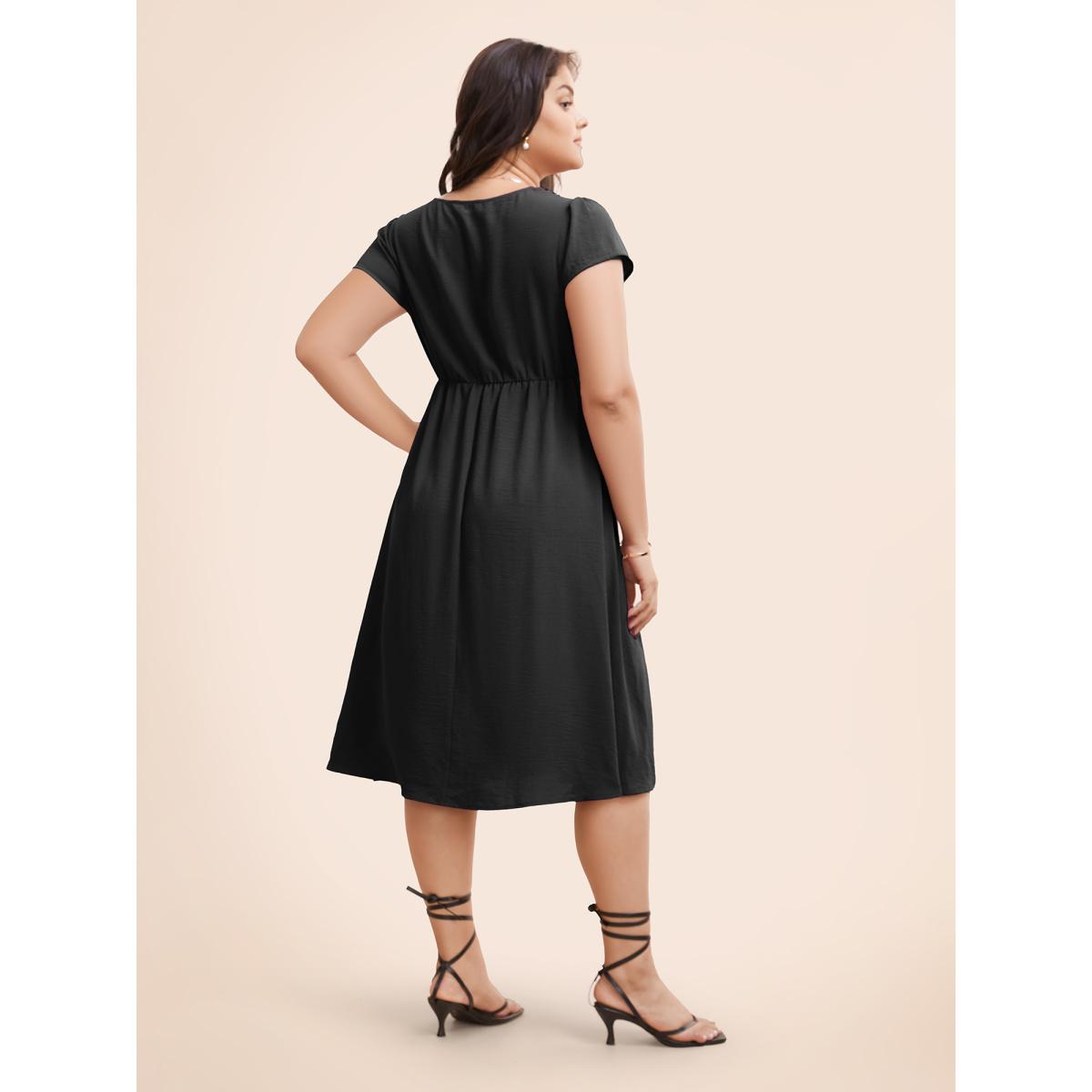 Plus Size Solid Ruffle Trim V Neck Pocket Pleated Front Dress Black Women Elegant Pleated V-neck Cap Sleeve Curvy Midi Dress BloomChic 30/6X Product Image