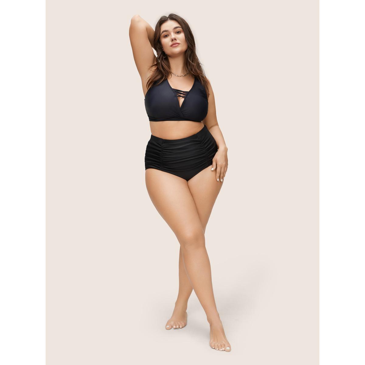 Plus Size Solid Ruched Elastic Waist High Rise Swim Bottom Women's Swimwear Black Beach Non High stretch Skinny High Rise Curve Swim Bottoms BloomChic 28/5X Product Image