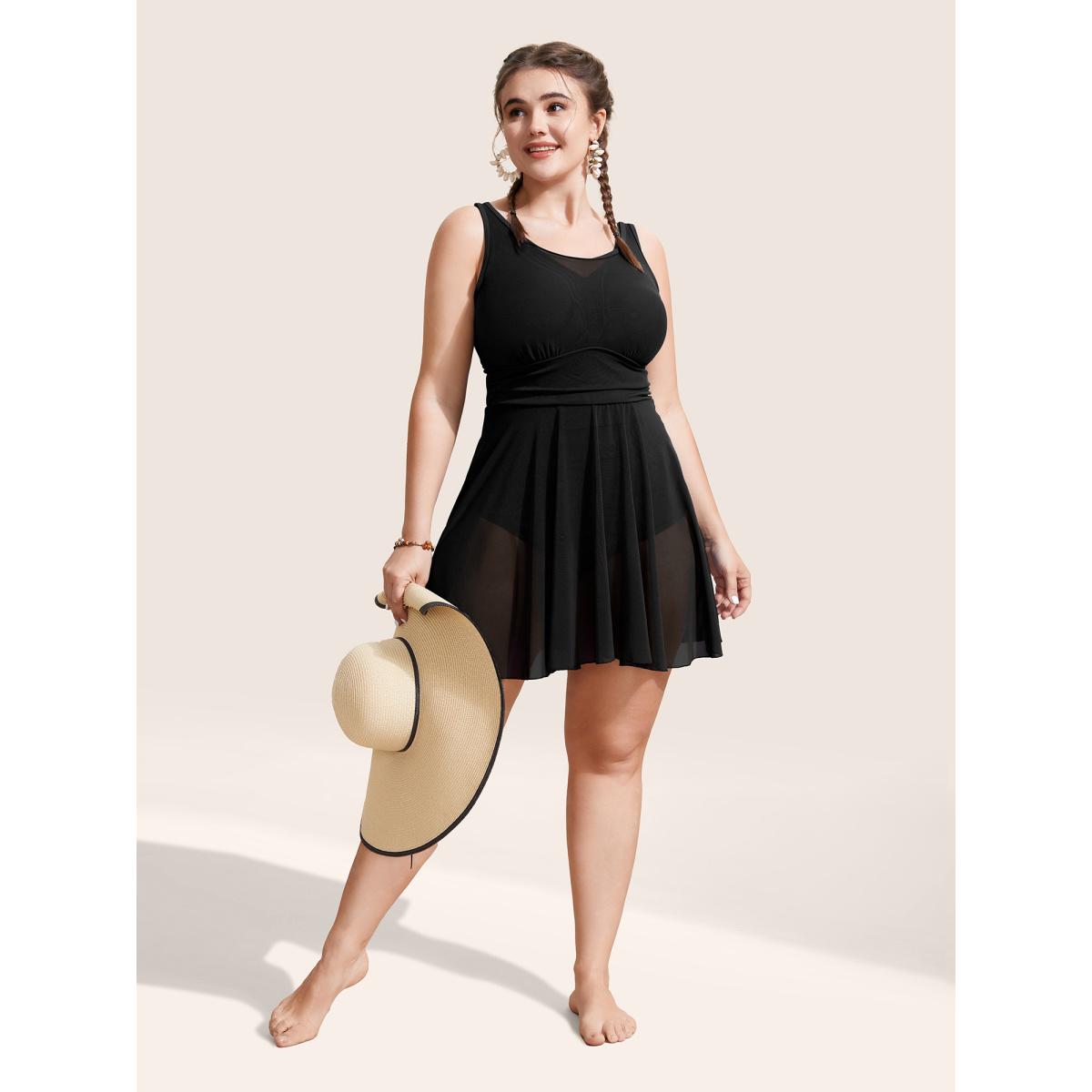 Plus Size See Through Patchwork Gathered Swim Dress Women's Swimwear Black Beach Bodycon Round Neck High stretch Curve Swim Dresses BloomChic 14-16/1X Product Image