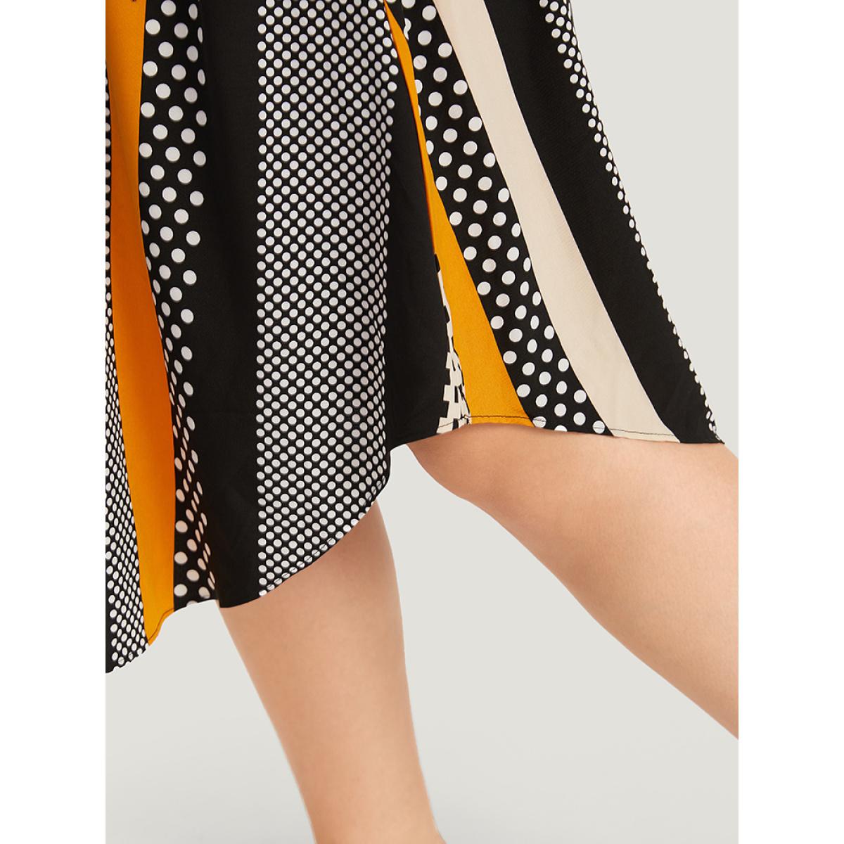 Plus Size Polka Dot Patchwork Striped Belted Notched Dress Orange Women Office Contrast Notched collar Short sleeve Curvy Midi Dress BloomChic 18-20/2X Product Image