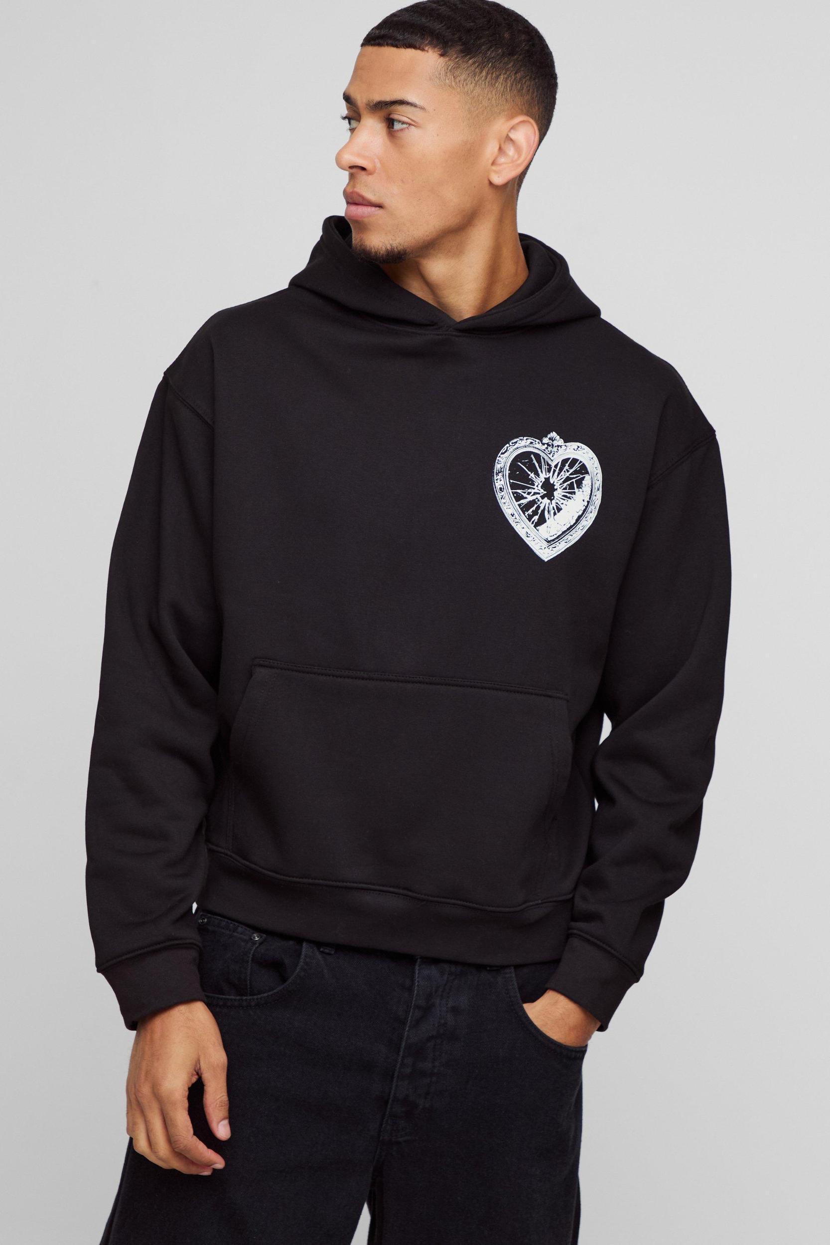 Oversized Boxy Gothic Heart Locket Graphic Hoodie | boohooMAN USA Product Image