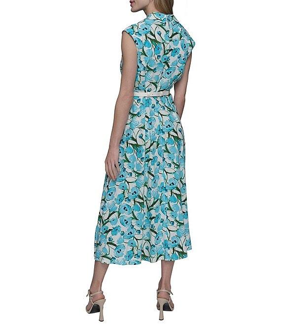 KARL LAGERFELD PARIS Linen Blend Floral Print V Neck Cap Sleeve Belted Blouson Midi Dress Product Image