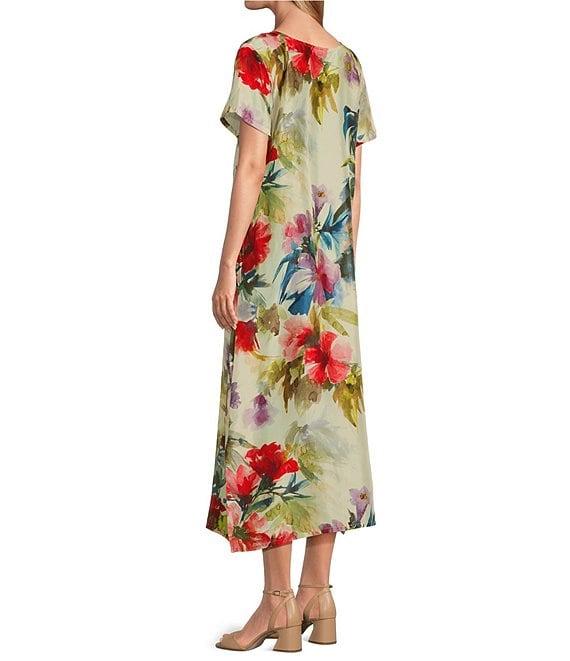 Bryn Walker Wesley Silk Fiori Print Round Neck Short Sleeve A-Line Midi Dress Product Image
