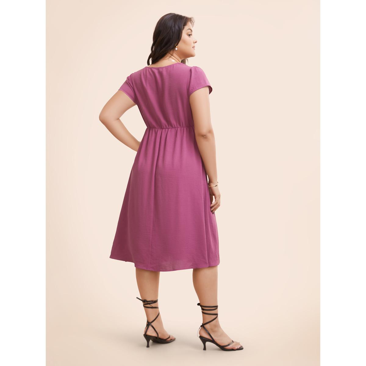 Plus Size Solid Ruffle Trim V Neck Pocket Pleated Front Dress RedViolet Women Elegant Pleated V-neck Cap Sleeve Curvy Midi Dress BloomChic 30/6X Product Image