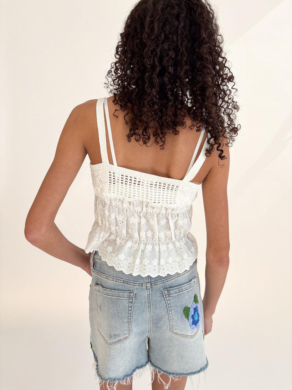 Knit & Floral Eyelet Tie Front Tank Top Product Image