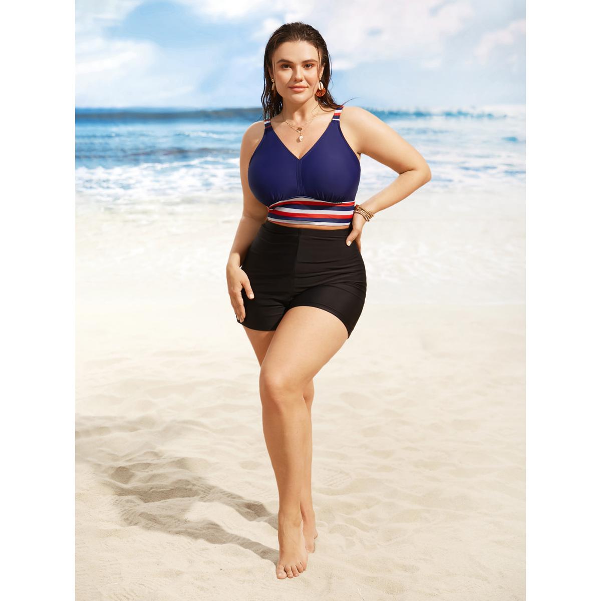 Plus Size Contrast Striped V Neck Gathered Swim Top Women's Swimwear Indigo Beach Gathered High stretch Skinny V-neck Curve Swim Tops BloomChic 26/4X Product Image