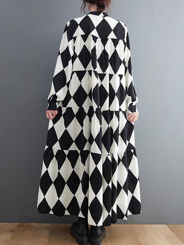 A-Line Long Sleeves Buttoned Plaid Polo Midi Dresses Product Image