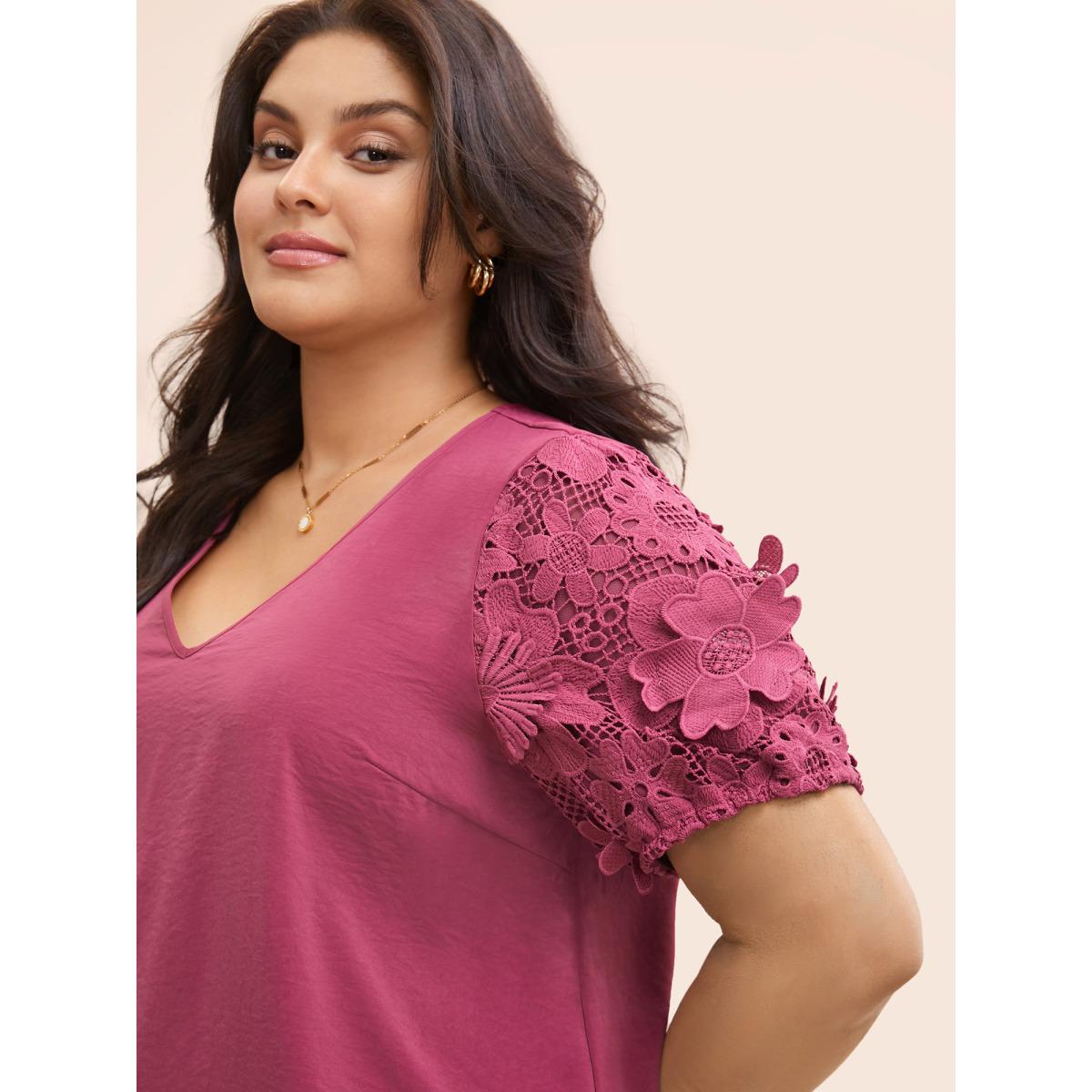 Plus Size RedViolet V Neck Lace Panel Slit Hem Blouse Women Elegant Long Sleeve V-neck Everyday Blouses BloomChic 12/L Product Image