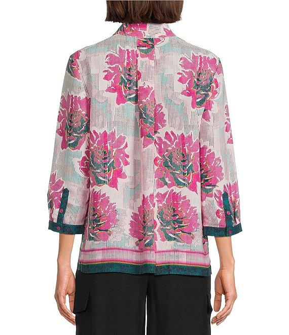 Investments Caroline Signature Linear Floral Border Print 3/4 Sleeve Button Front Top Product Image