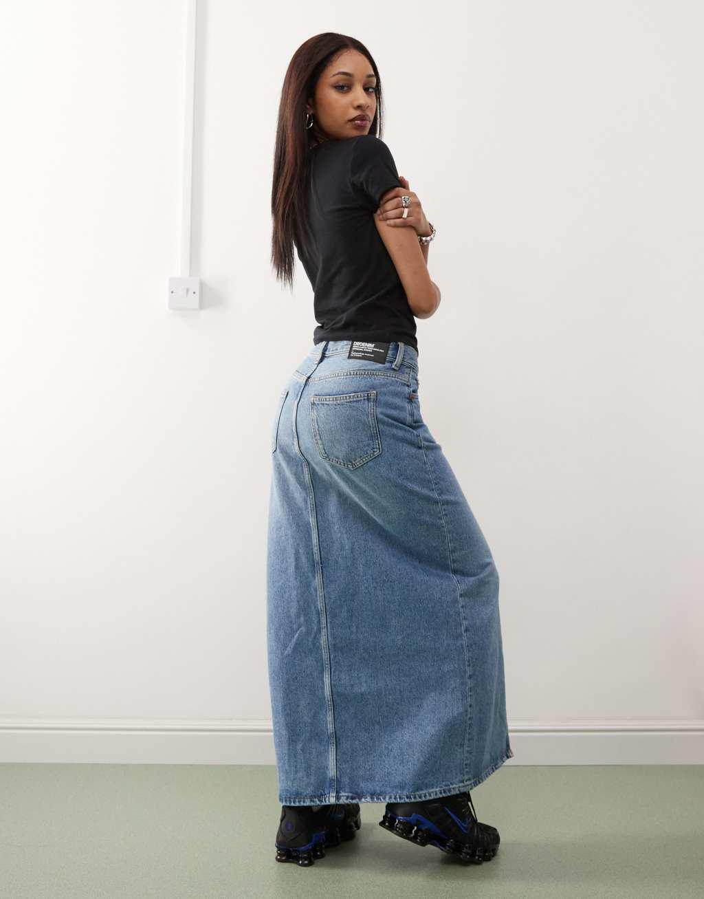 Dr Denim Myra maxi denim skirt with front slit in stream light blue retro wash Product Image