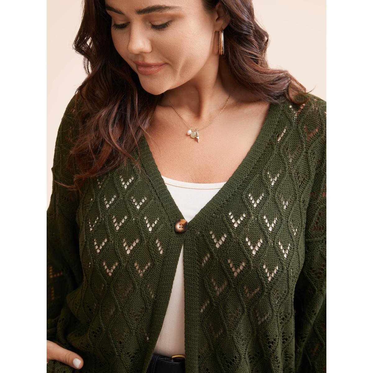 Plus Size Texture Button Up Hollow Out Cardigan ArmyGreen Women Casual Loose Three Quater Length Sleeve Everyday Cardigans BloomChic 12/L Product Image