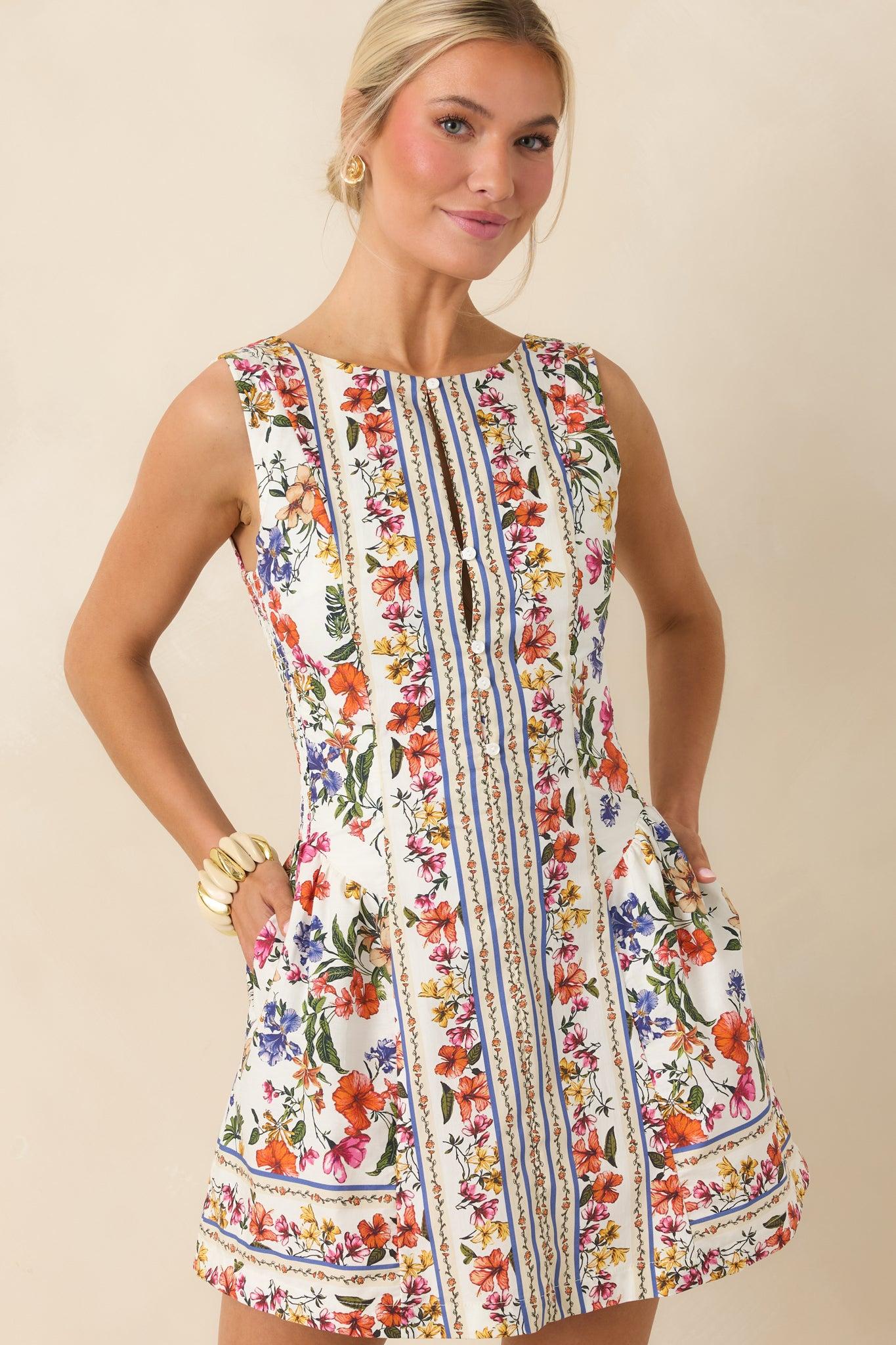You Look Like Summer Ivory Multi Floral Cotton Sleeveless Mini Dress Product Image