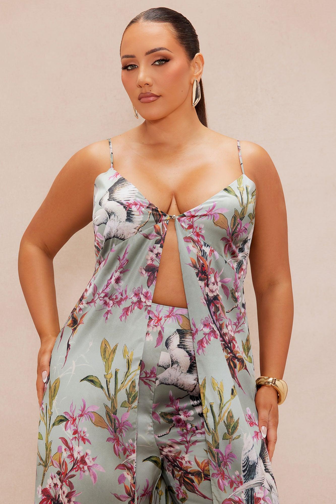 Guiselle Flyaway Satin Pant Set - Sage/combo Product Image