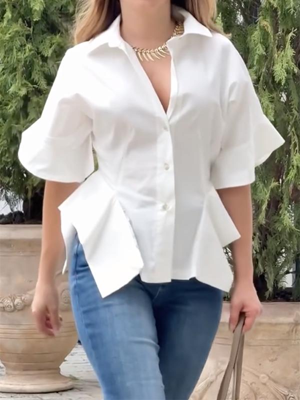 Half Sleeves Loose Buttoned Solid Color Lapel Blouses&Shirts Tops Product Image