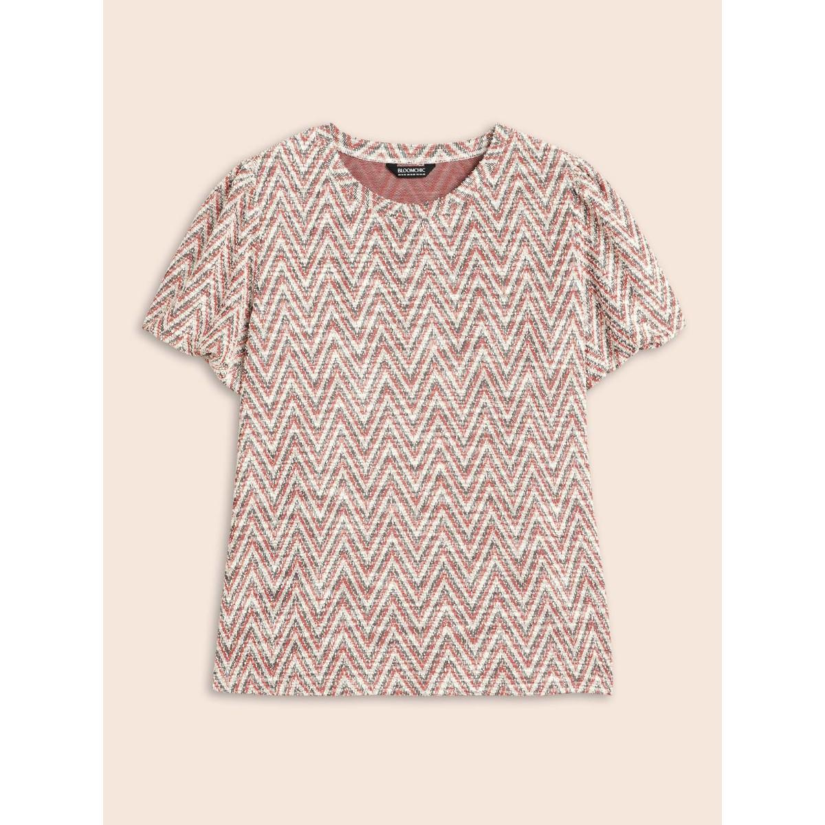 Plus Size Textured Round Neck Lantern Sleeve T-shirt Brightred Women Elegant Texture Round Neck Everyday T-shirts BloomChic 12/L Product Image