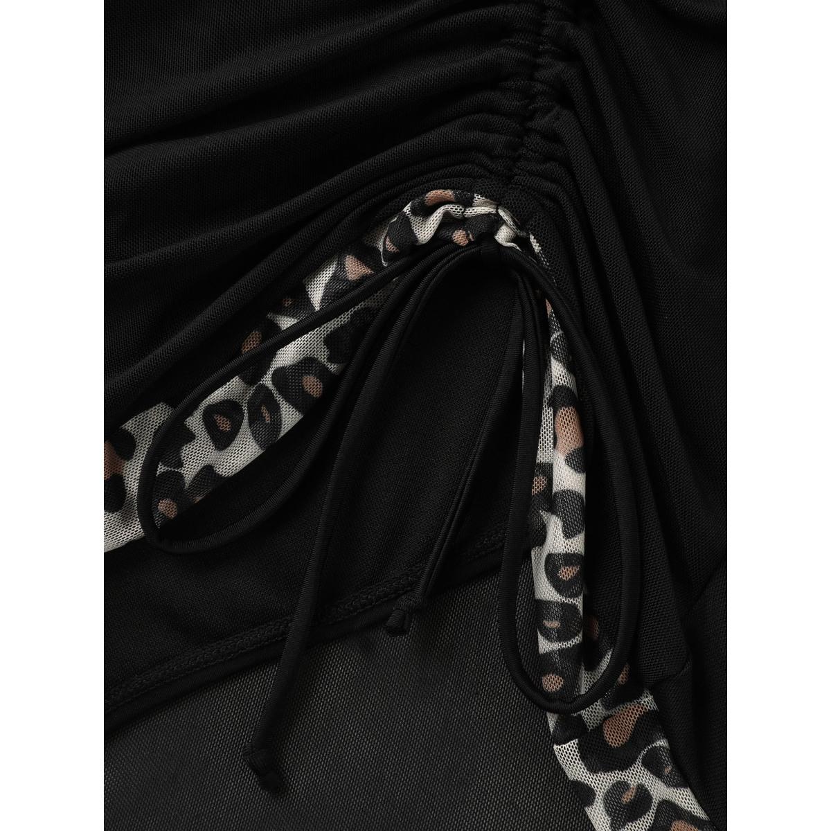 Plus Size Leopard Sheer Ruched Drawstring Swim Dress Women's Swimwear Leopard Beach Skinny Heart neckline High stretch Curve Swim Dresses BloomChic 18-20/2X Product Image