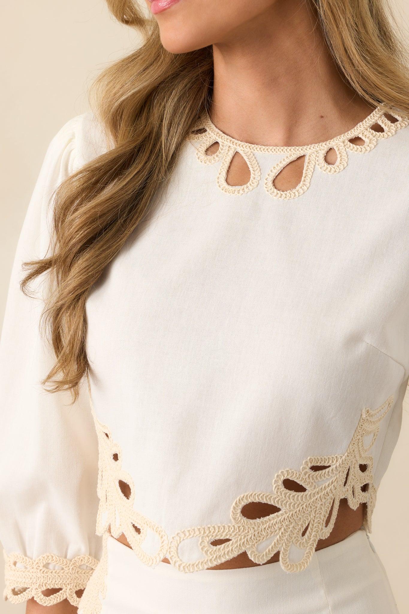 Don't Mind Me Ivory Embroidered Eyelet Crop Top Product Image