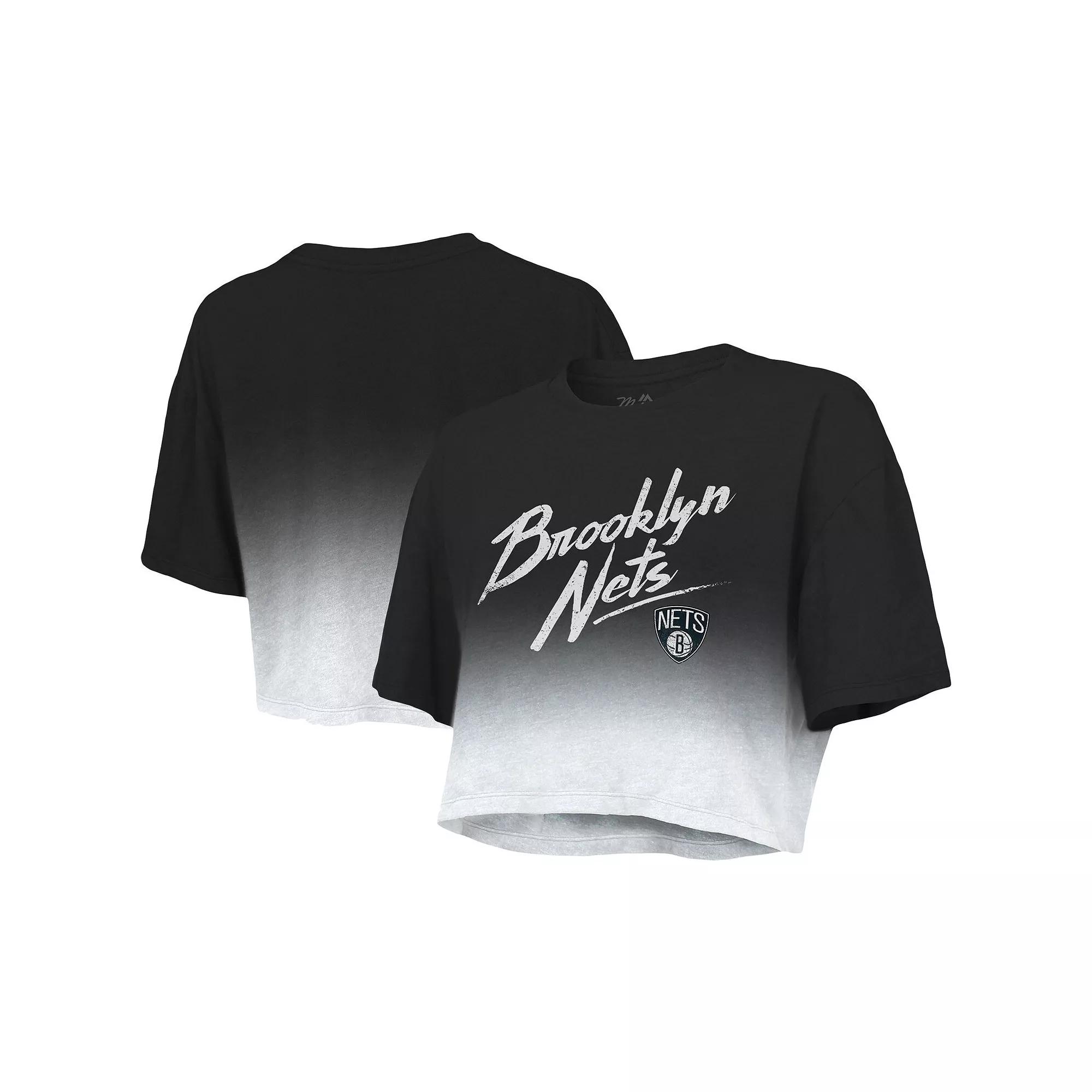 Women's Majestic Threads Black/White Brooklyn Nets Dirty Dribble Tri-Blend Cropped T-Shirt, Size: XL Product Image