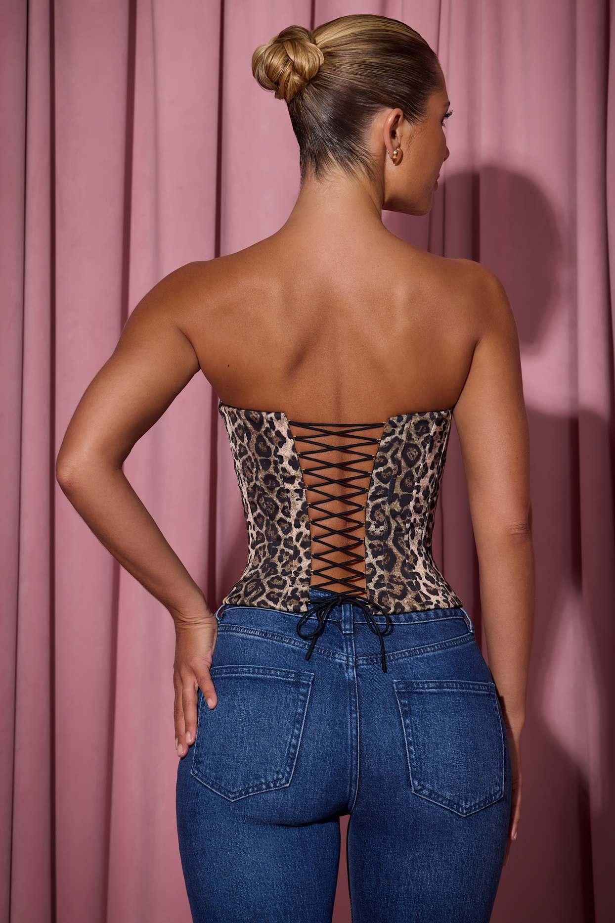 Full-Length Lace-Up Corset Top in Leopard Print Product Image