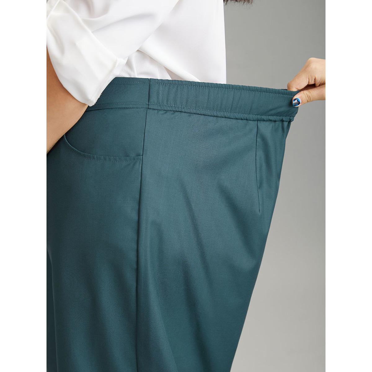 Plus Size Elastic Waist Solid Pocket Straight Leg Pants Women Cyan Office Straight Leg High Rise Dailywear Pants BloomChic 14-16/1X Product Image