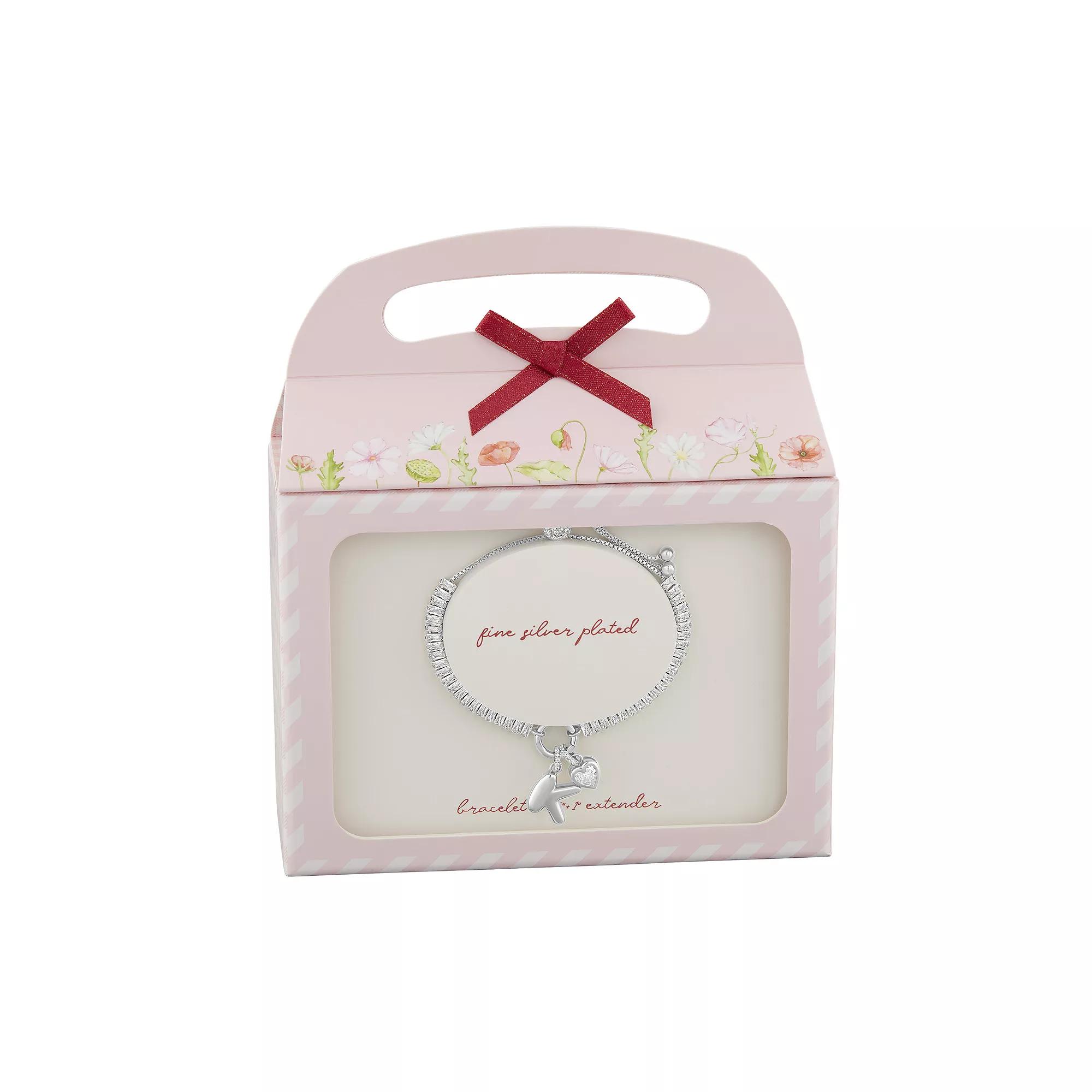 Brilliance Silver Plated Cubic Zirconia Heart Charm & Bubble Initial Charm Bracelet, Women's, Size: 4-10" ADJ, Silver Tone K Product Image