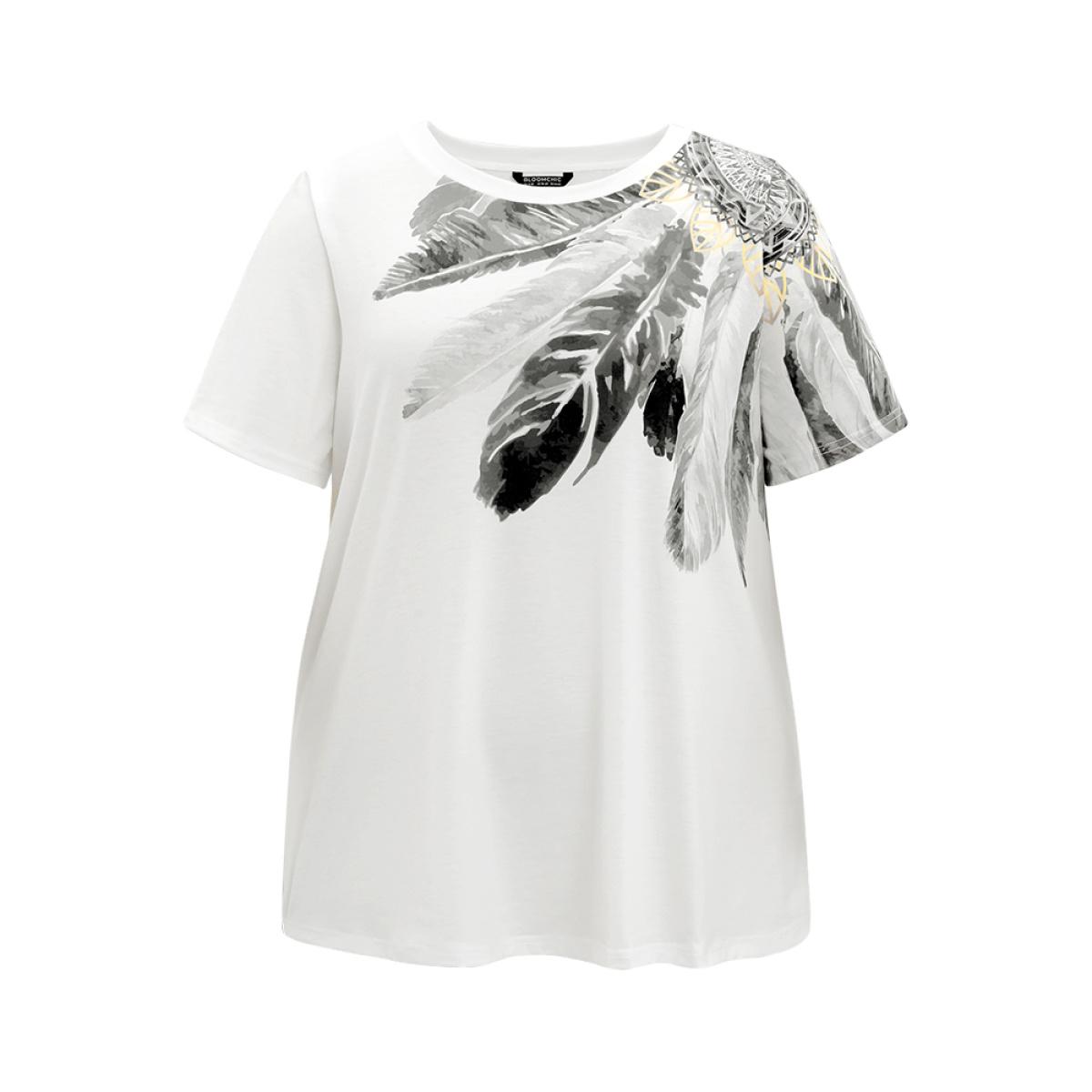 Plus Size Feather & Dream Catcher Print Crew Neck T-shirt White Women Casual Printed Feather Round Neck Dailywear T-shirts BloomChic 26/4X Product Image