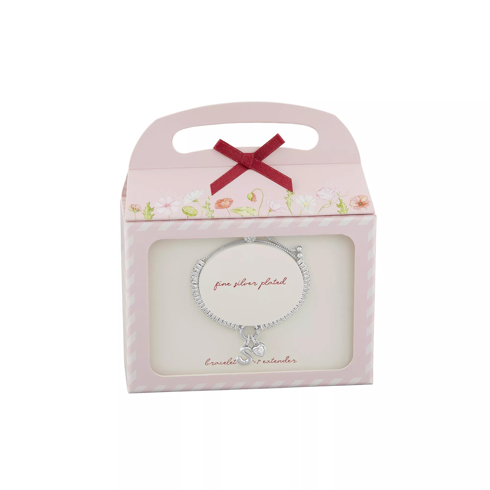 Brilliance Silver Plated Cubic Zirconia Heart Charm & Bubble Initial Charm Bracelet, Women's, Size: 4-10" ADJ, Silver Tone S Product Image