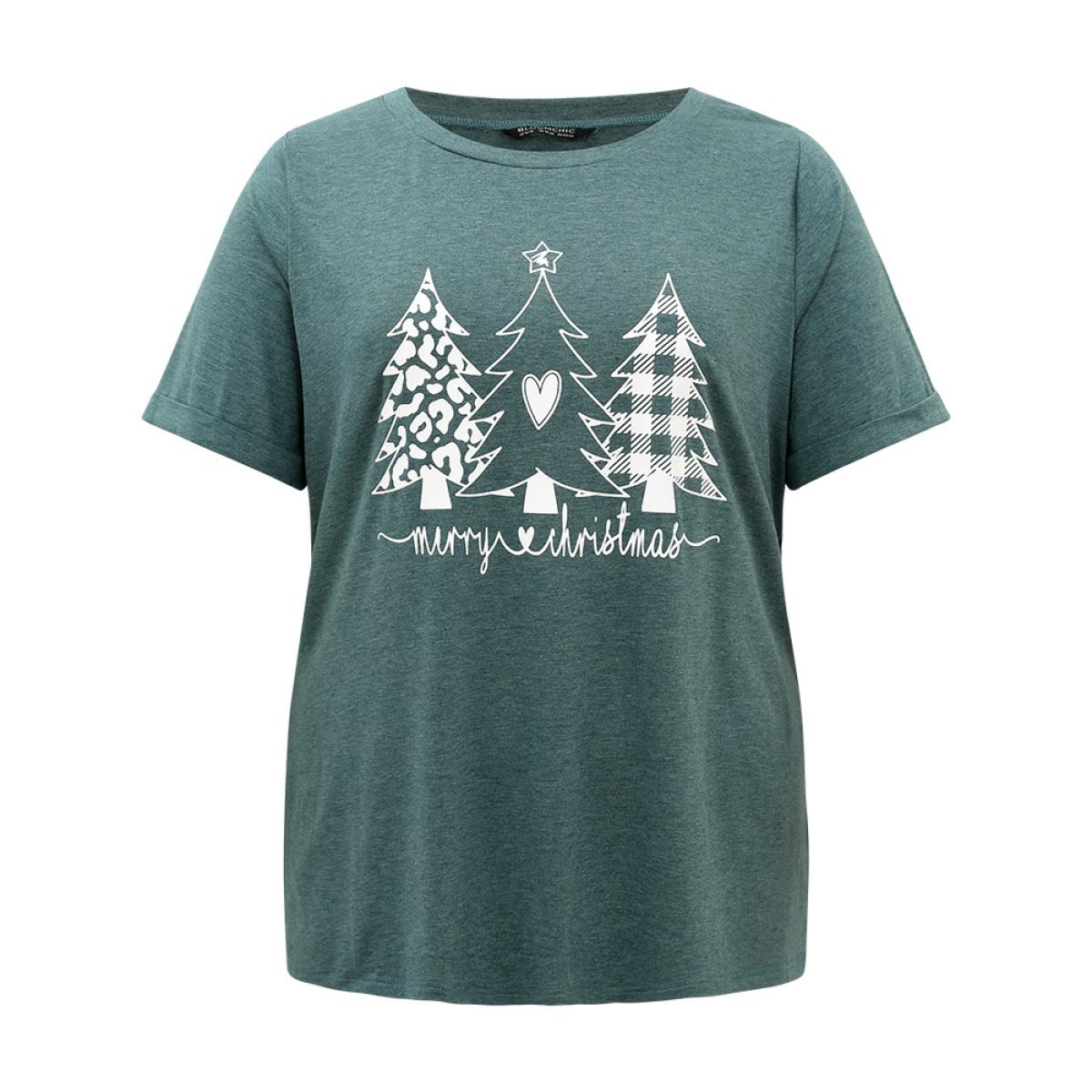 Plus Size Christmas Trees Print Cuffed Sleeve T-shirt DarkGreen Women Casual Printed Christmas Festival-Christmas T-shirts BloomChic 10/M Product Image