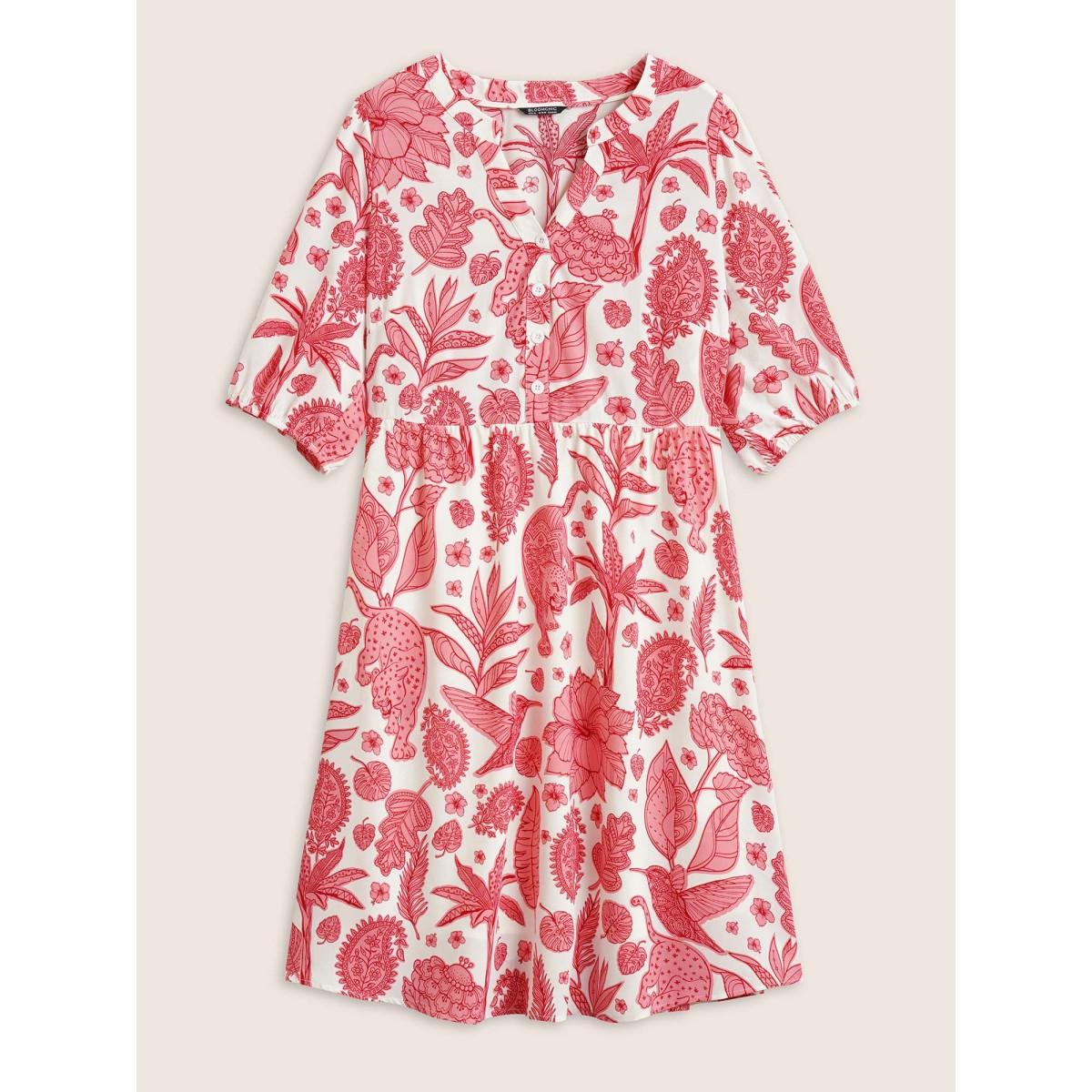 Plus Size Plants & Animal Print Notched Lantern Sleeve Dress Salmon Women Resort Non Notched collar Short sleeve Curvy Midi Dress BloomChic 12/L Product Image