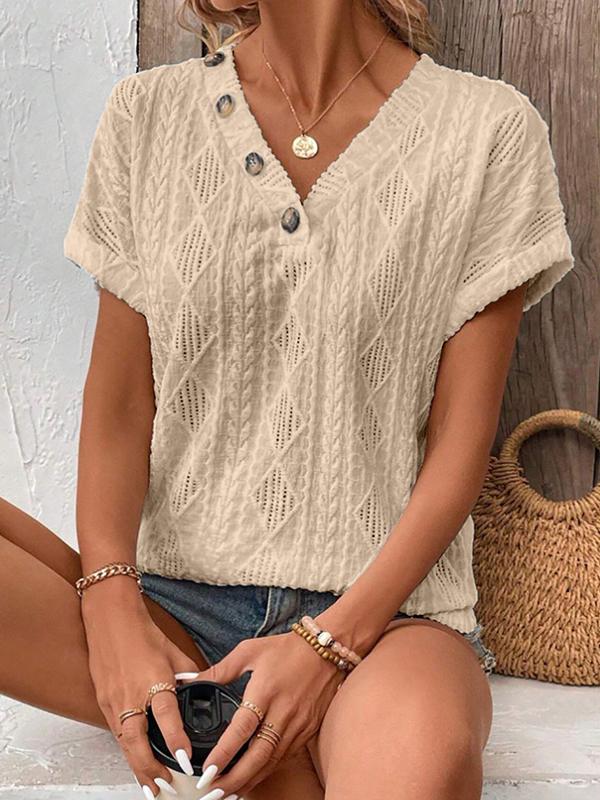 Loose Short Sleeves Buttoned Solid Color V-Neck T-Shirts Tops Product Image