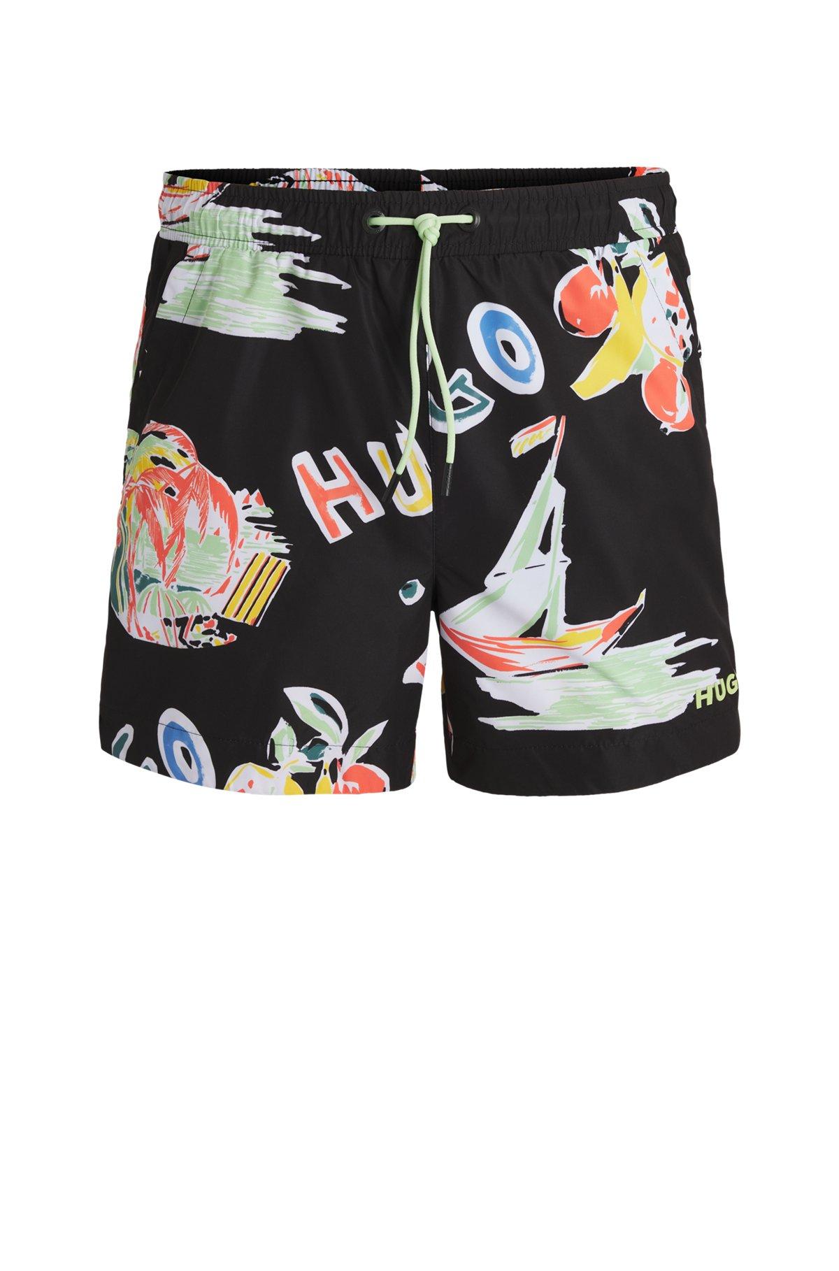 HUGO - Fully lined swim shorts with seasonal print - Black Product Image
