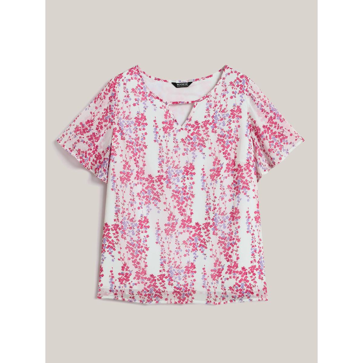 Plus Size WhiteSmoke Floral Neck Cut-Out Flutter Sleeve Shirt Women Elegant Short sleeve Round Neck Everyday Blouses BloomChic 10/M Product Image