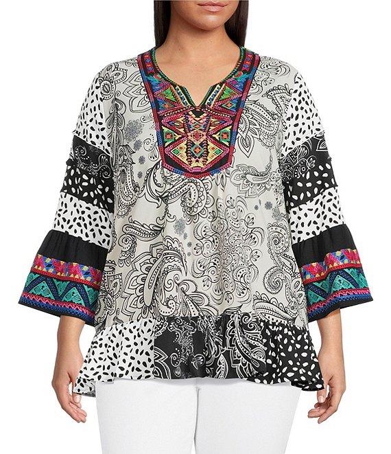 Calessa Plus Size Embroidered Patchwork Print Split V-Neck 3/4 Sleeve Tunic Product Image