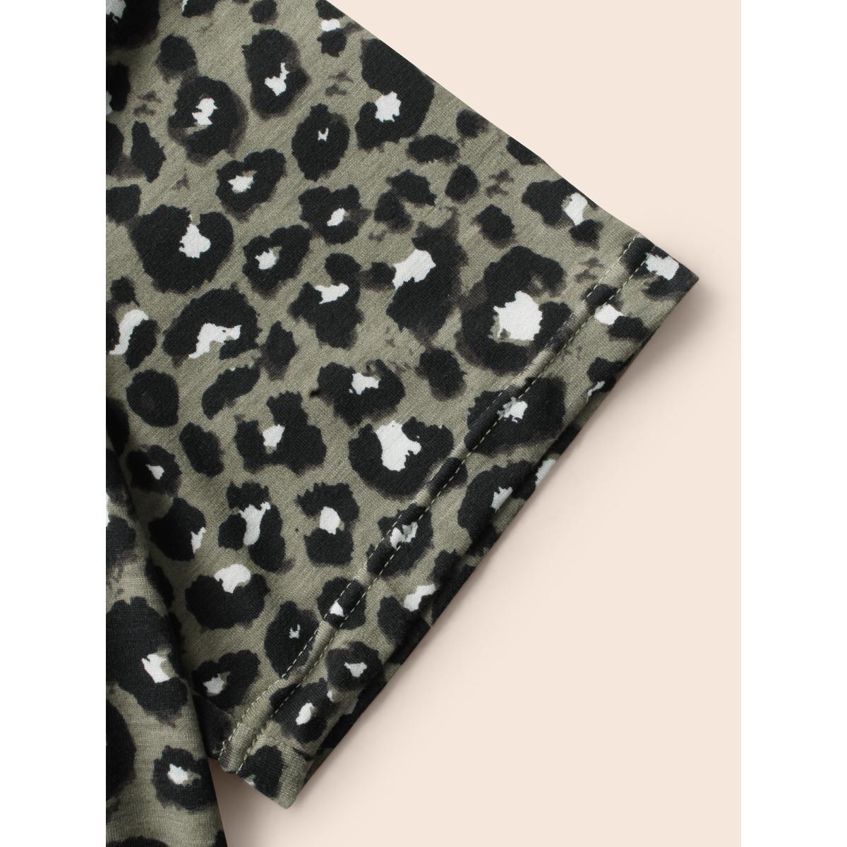 Plus Size Round Neck Leopard Print Midi Dress Sage Women Casual Non Round Neck Short sleeve Curvy BloomChic 14-16/1X Product Image