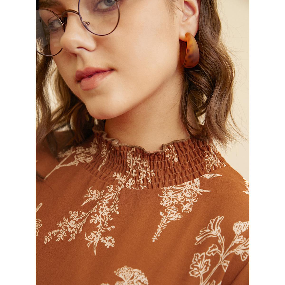 Plus Size Floral Pocket Lantern Sleeve Shirred Mock Neck Dress Chocolate Women Elegant Pocket Mock Neck Long Sleeve Curvy Midi Dress BloomChic 10/M Product Image