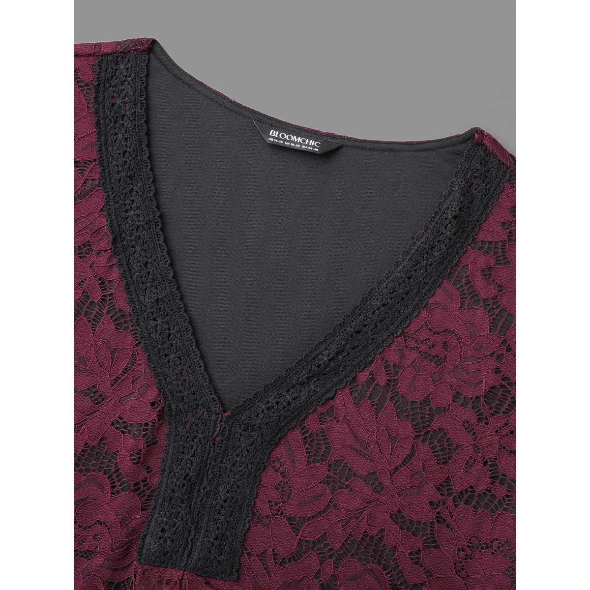 Plus Size Scarlet Sheer Lace Sleeve Pleated Slim-Fit Blouse Women Elegant Long Sleeve V-neck Everyday Blouses BloomChic 26/4X Product Image