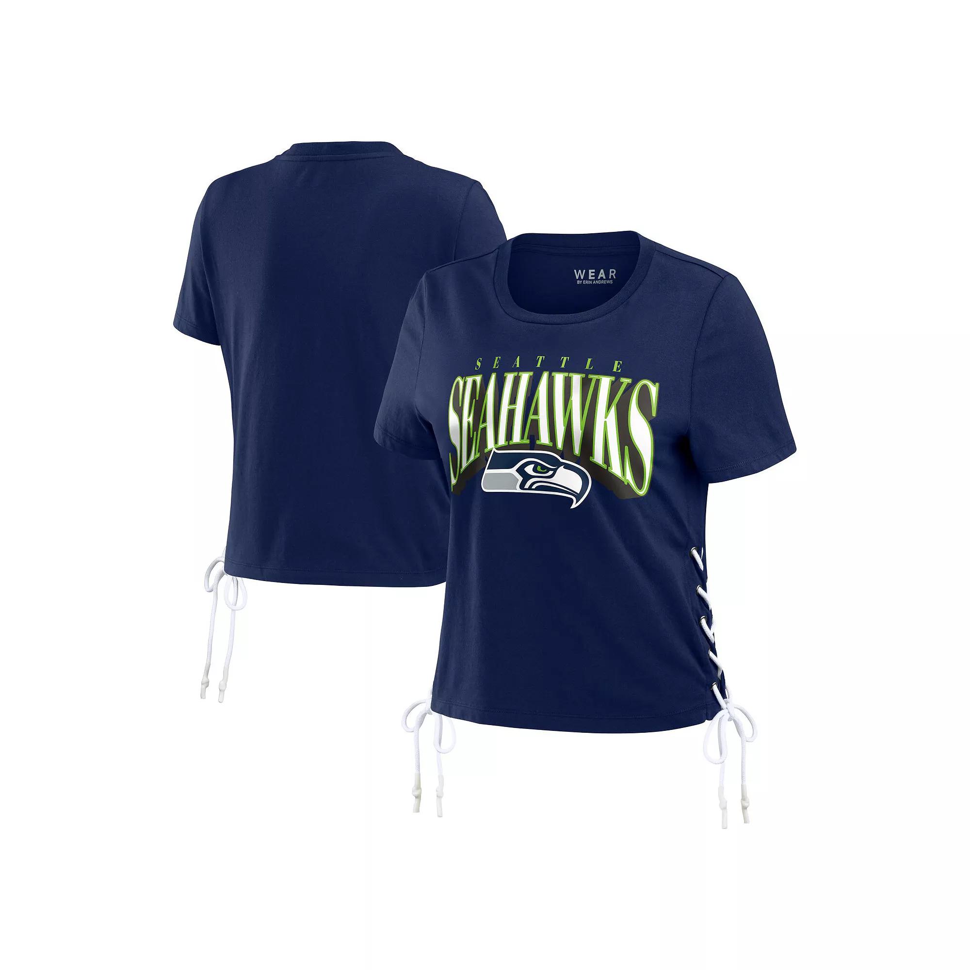 Women's WEAR by Erin Andrews College Navy Seattle Seahawks Lace Up Side Modest Cropped T-Shirt, Size: XL, Blue Product Image