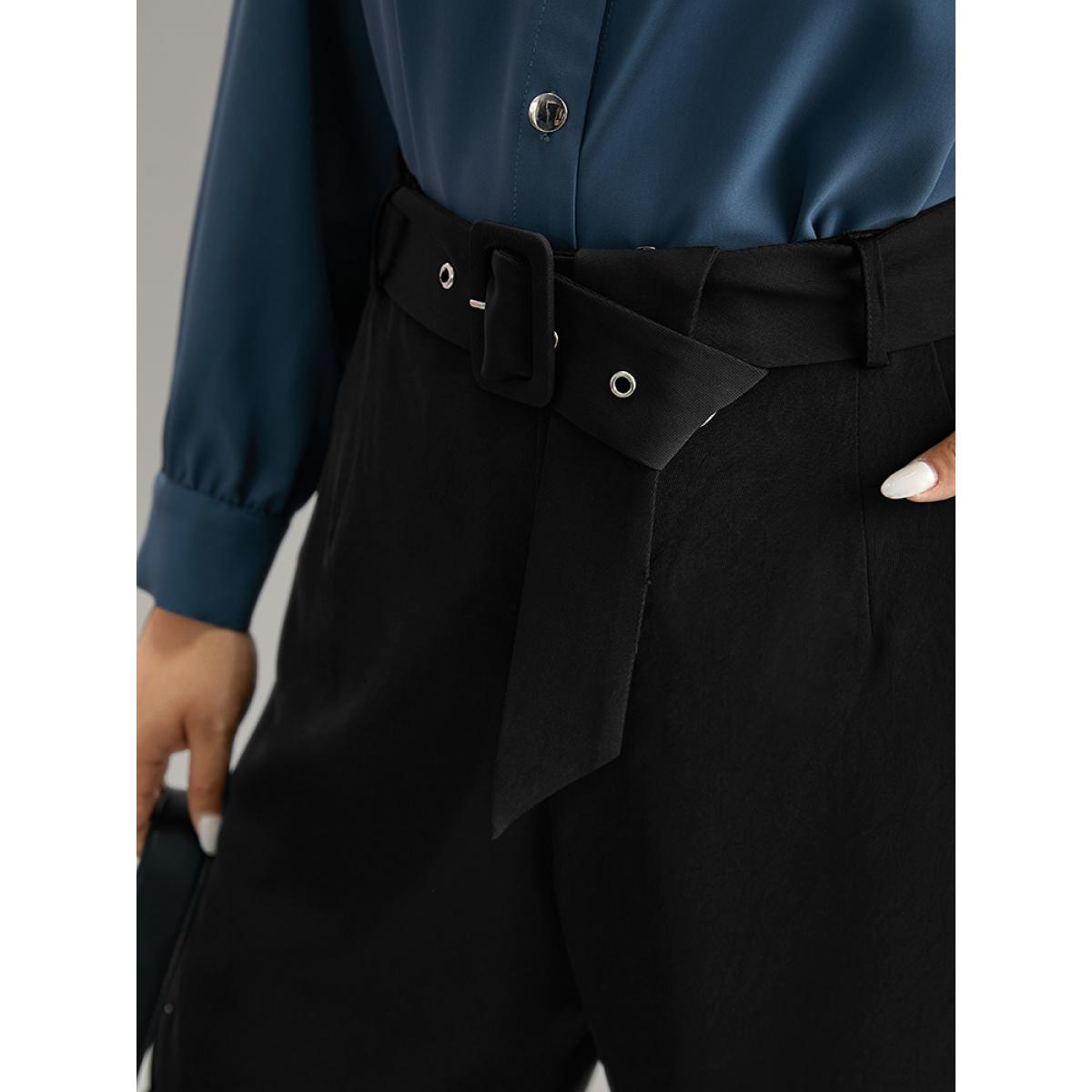 Plus Size Static-Free Buckle Detail Eyelet Pants Women Black Office High Rise Office Pants BloomChic 12/L Product Image