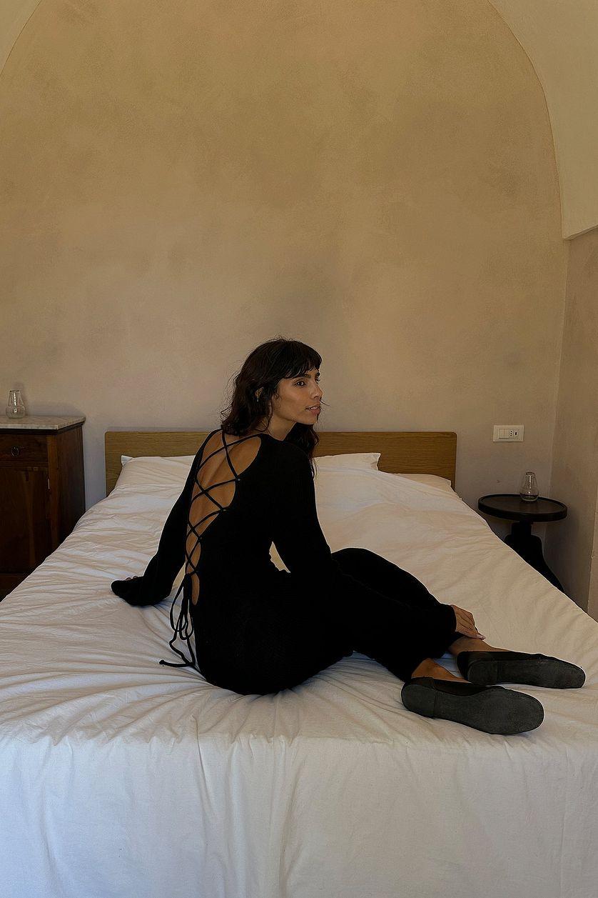 Open Back Lace Detail Knitted Maxi Dress Beige Product Image