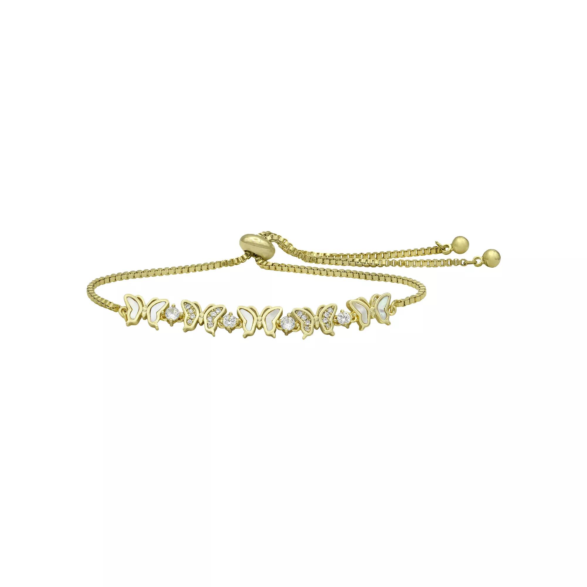 City Luxe Gold Tone Mother Of Pearl & Cubic Zirconia Butterfly Adjustable Bracelet, Women's Product Image